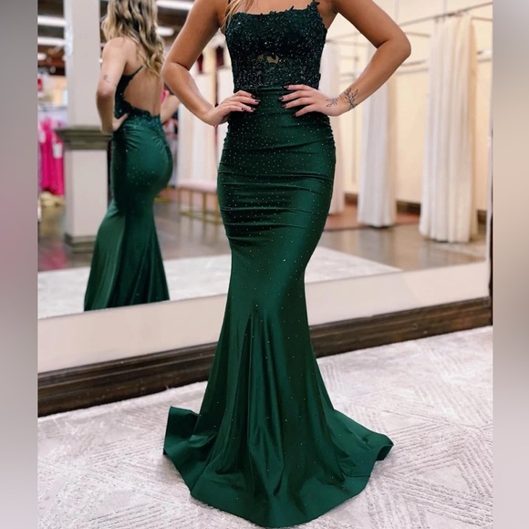 Hellymoon Dark Green Mermaid Spaghetti Strap Long Prom Dress w/ Appliqués Size 2 - Picture 5 of 16